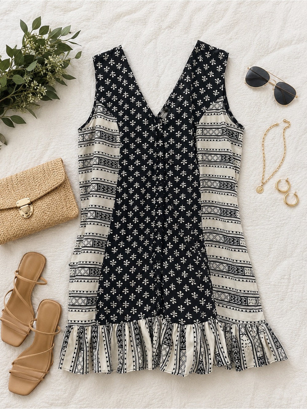 ASOS Black & White Print Ruffle Hem Mini Dress Autumn Dress